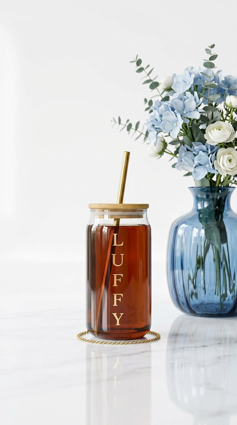 Customised Glass Tumbler with Wooden Lid & Straw