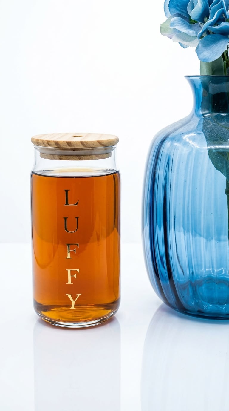 Customised Glass Tumbler with Wooden Lid & Straw