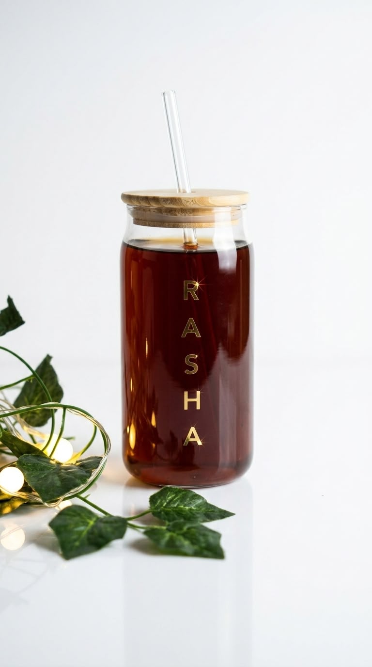Customised Glass Tumbler with Wooden Lid & Straw